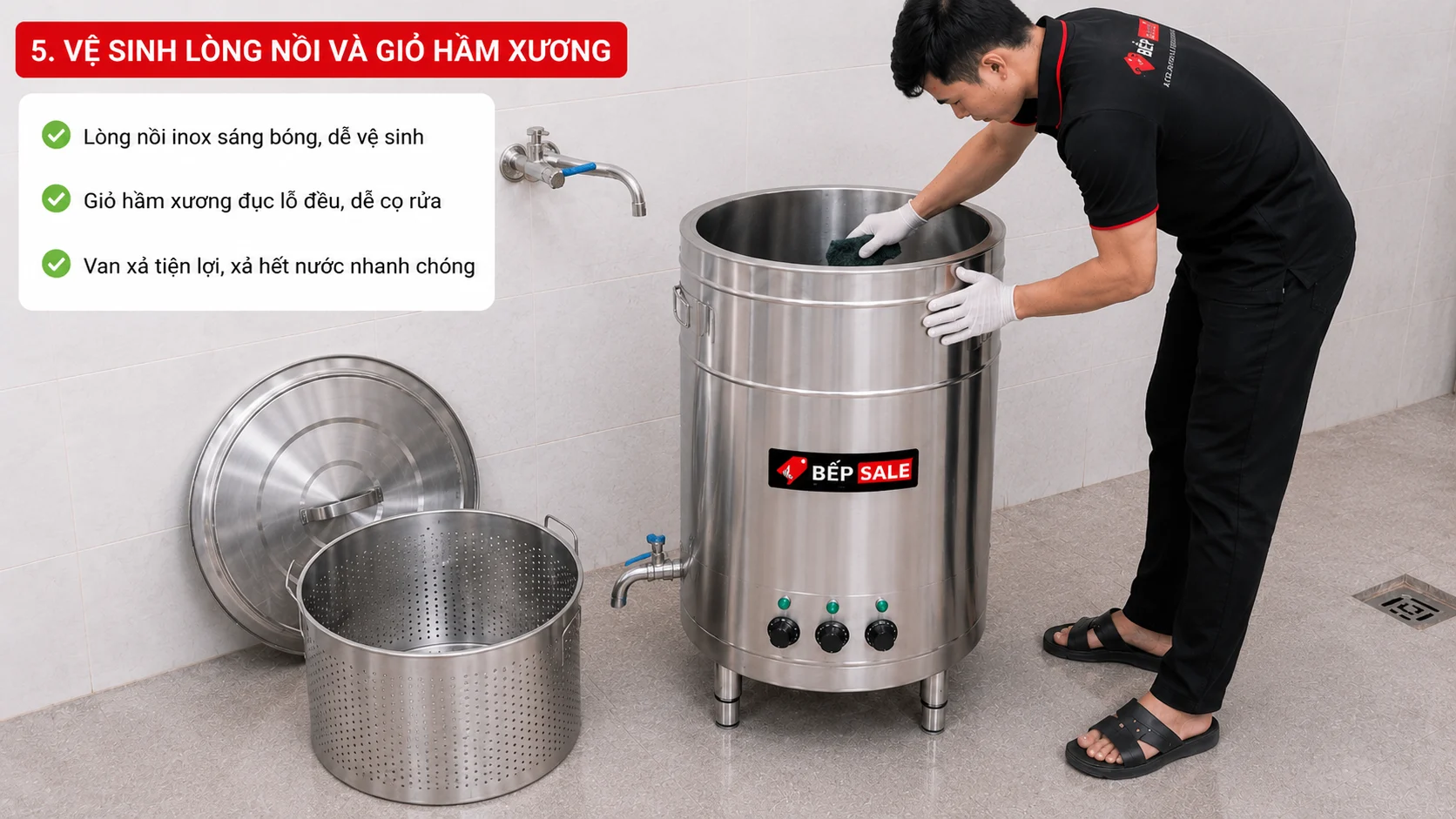Hướng dẫn vệ sinh lòng nồi và rổ chần trụng của nồi nấu phở mâm nhiệt NP-70 sau khi sử dụng.