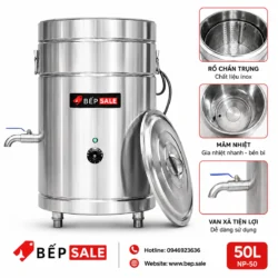 Nồi nấu nước phở chần trụng bánh 50 lít NP-50 với rổ chần inox, mâm nhiệt và van xả tiện lợi