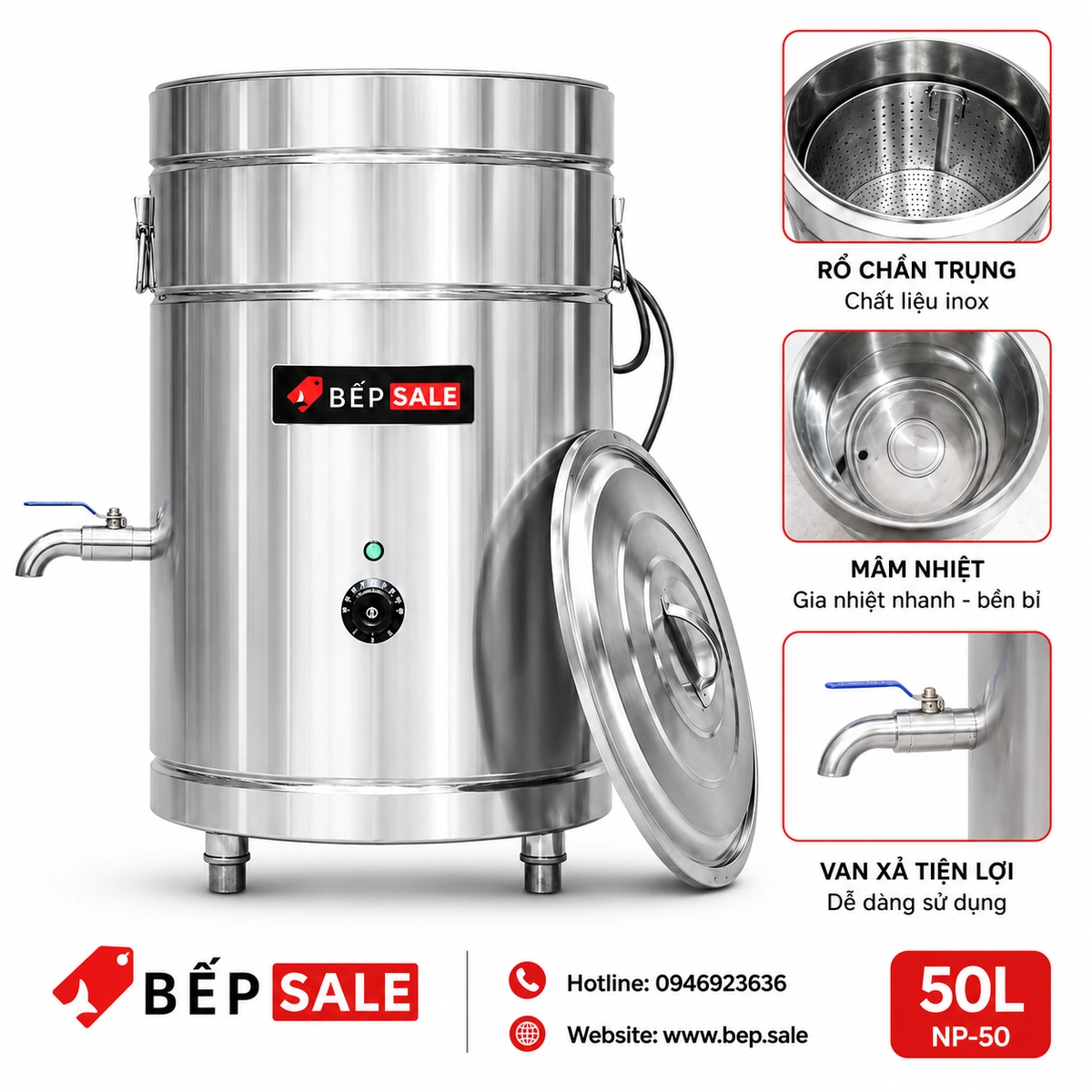 Nồi nấu nước phở chần trụng bánh 50 lít NP-50 với rổ chần inox, mâm nhiệt và van xả tiện lợi