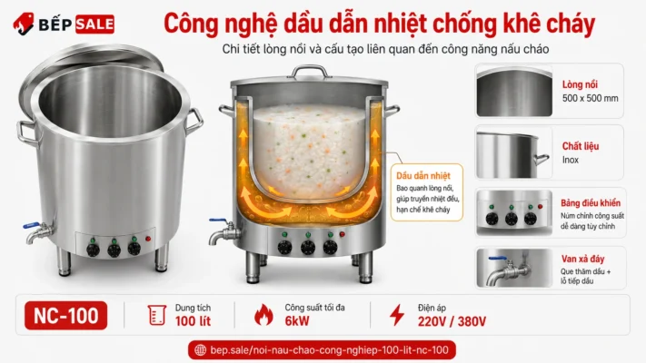Cấu tạo dầu dẫn nhiệt của nồi nấu cháo công nghiệp 100 lít NC-100
