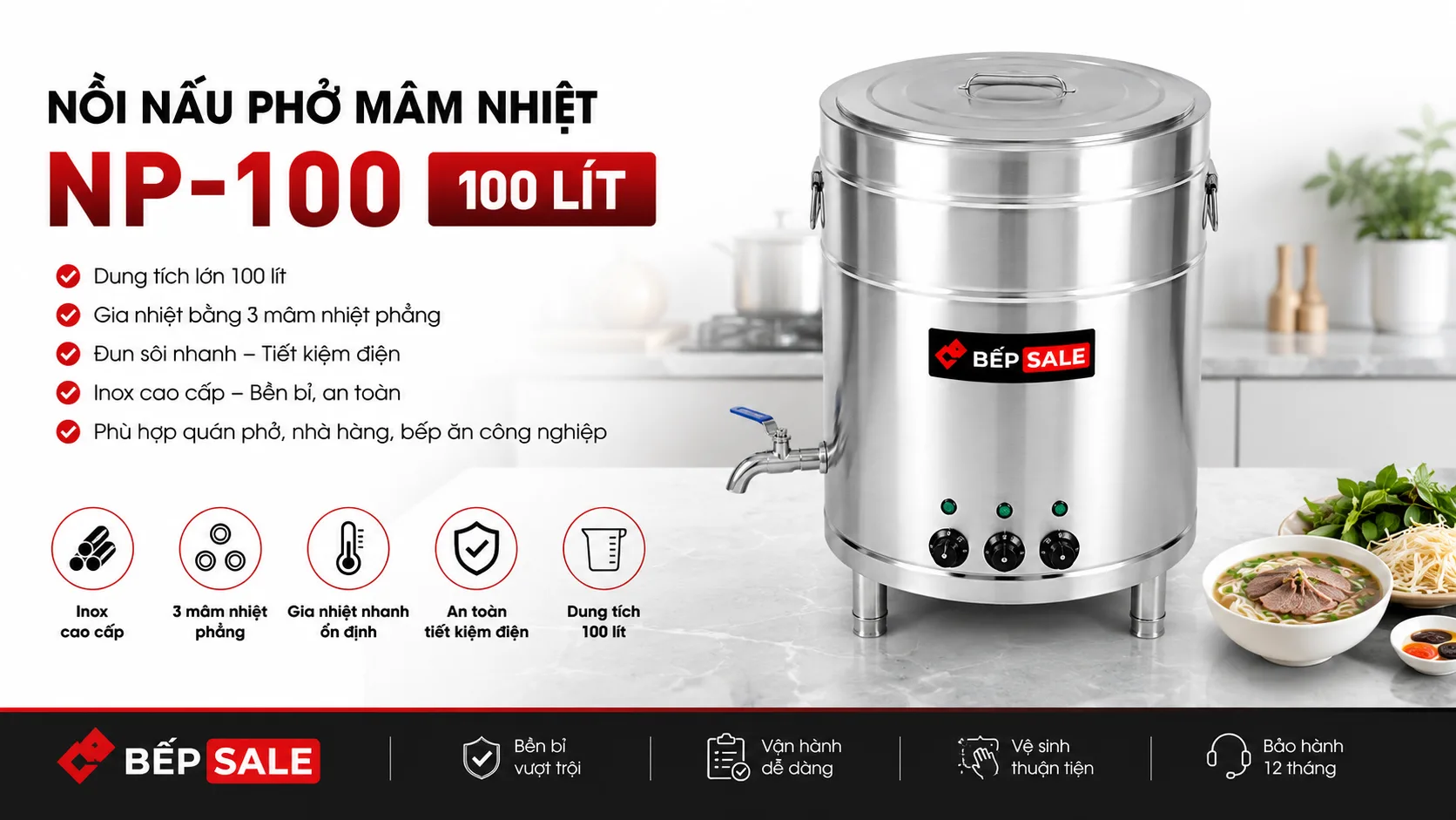Nồi nấu phở mâm nhiệt 100 lít NP-100 bằng inox đặt trong không gian bếp quán phở