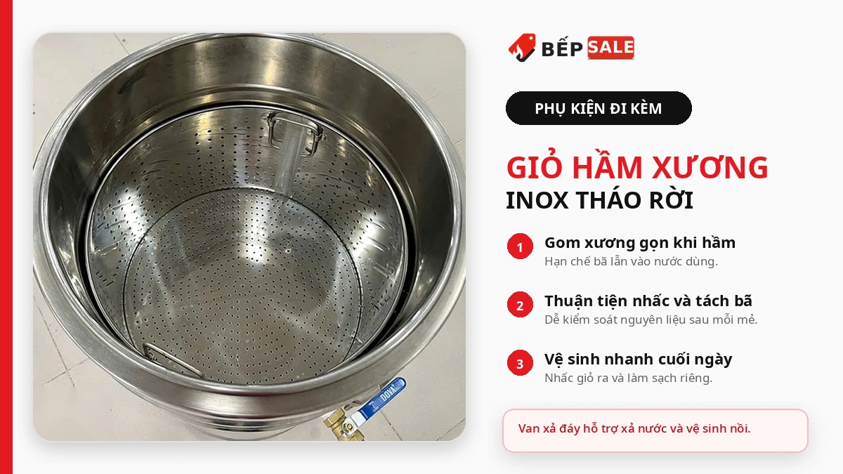 Giỏ hầm xương bằng inox của nồi nấu phở mâm nhiệt 50 lít NP-50