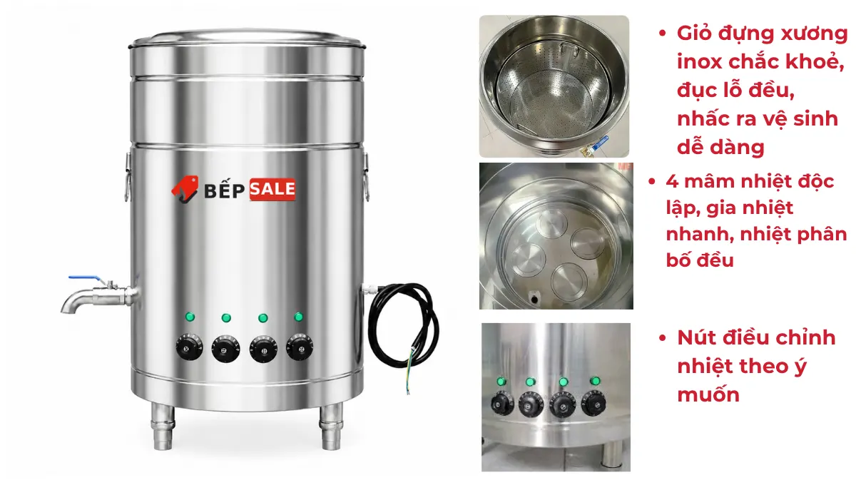 Cận cảnh lòng nồi inox và giỏ hầm xương của nồi nấu phở mâm nhiệt NP-160 dung tích 160 lít.