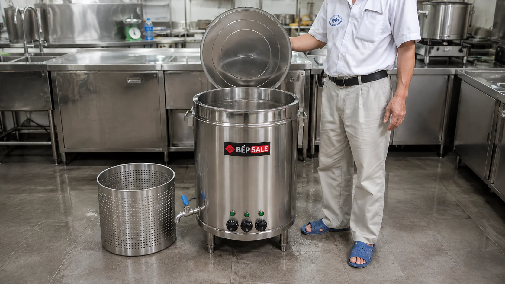 Rổ hầm xương inox kích thước lớn dùng cho nồi nấu phở mâm nhiệt NP-100