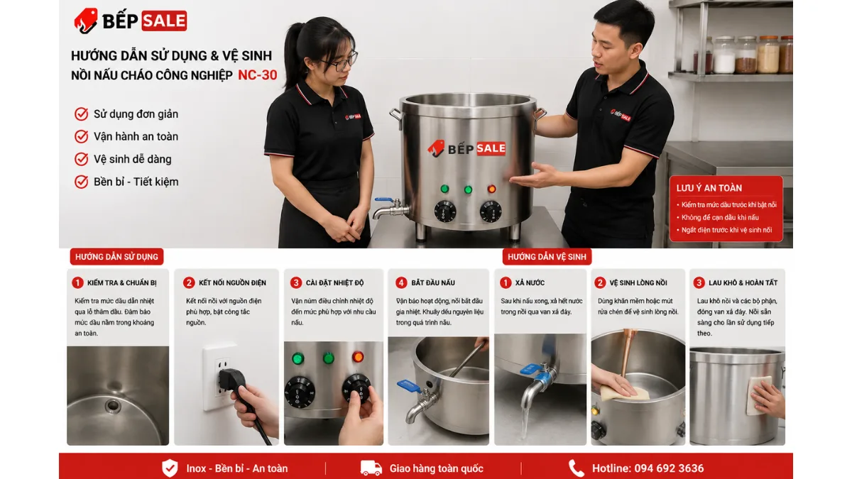 Hướng dẫn sử dụng và vệ sinh nồi nấu cháo công nghiệp 30 lít NC-30 dầu dẫn nhiệt Bếp Sale.