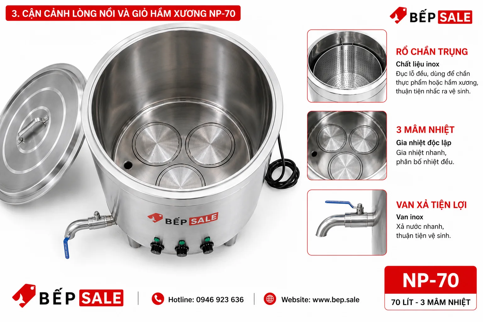 Lòng nồi inox, 3 mâm nhiệt và rổ chần trụng của nồi nấu phở mâm nhiệt NP-70.