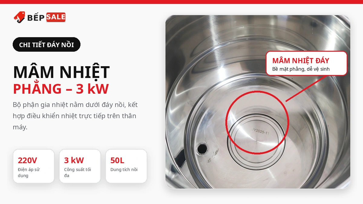 Chi tiết mâm nhiệt phẳng bên trong nồi nấu phở 50 lít NP-50