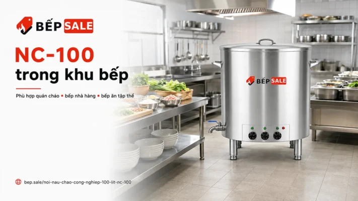 Nồi nấu cháo công nghiệp 100 lít NC-100 trong khu bếp sử dụng thực tế