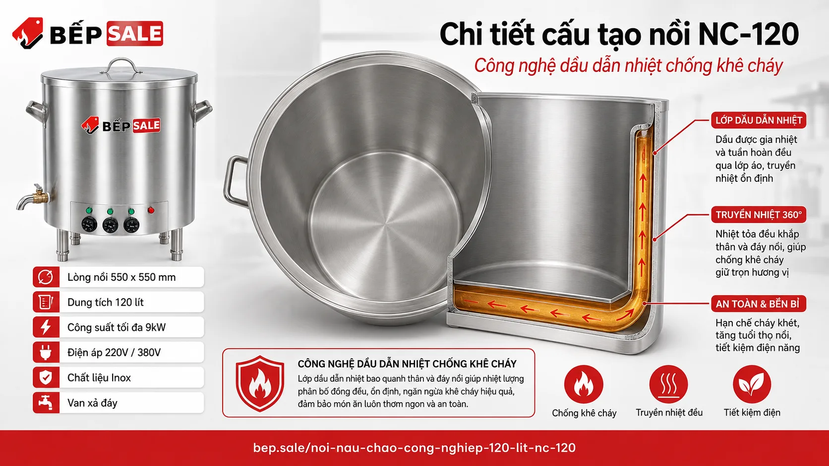 Cấu tạo dầu dẫn nhiệt của nồi nấu cháo công nghiệp 120 lít NC-120