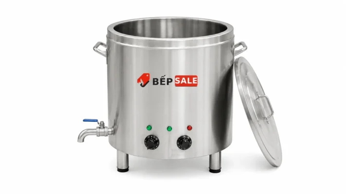 Nồi nấu cháo công nghiệp 30 lít NC-30 inox 304 trên nền trắng, thiết kế 2 lớp cách nhiệt, gia nhiệt điện, phù hợp nấu cháo, nấu súp và thực phẩm số lượng lớn.