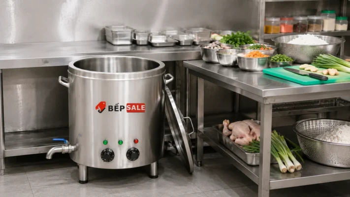 Nồi nấu cháo công nghiệp 30 lít NC-30 đặt trong khu bếp chuẩn bị nguyên liệu nấu cháo, inox 304 bền đẹp, gia nhiệt nhanh.