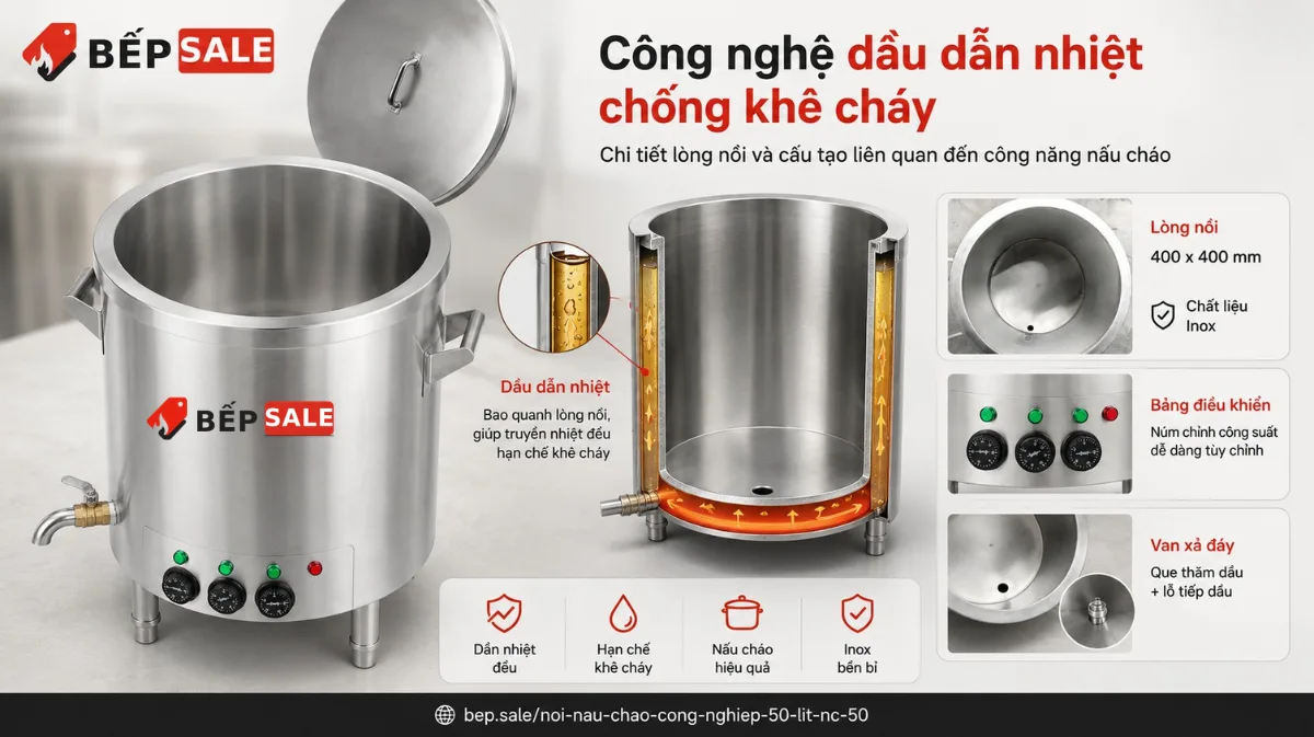 Cấu tạo dầu dẫn nhiệt của nồi nấu cháo công nghiệp 50 lít NC-50