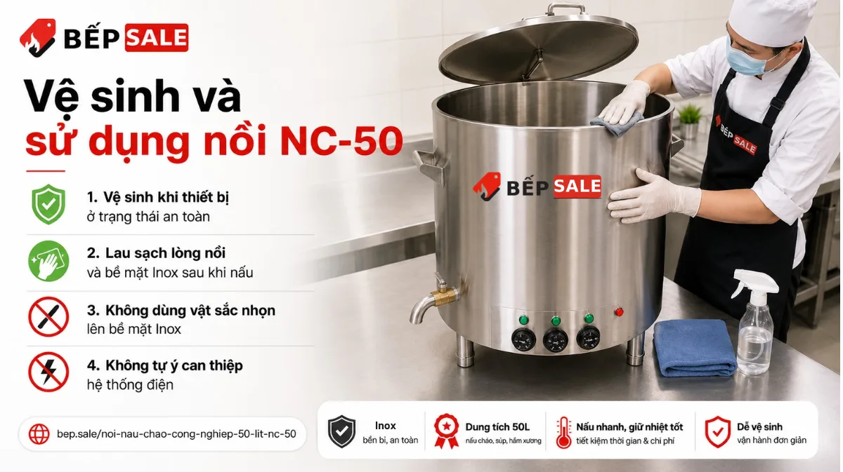 Hướng dẫn vệ sinh và sử dụng nồi nấu cháo công nghiệp 50 lít NC-50 BẾP SALE