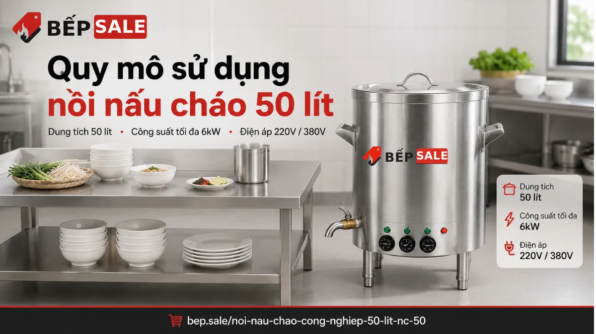 Quy mô sử dụng nồi nấu cháo 50 lít công suất tối đa 6kW