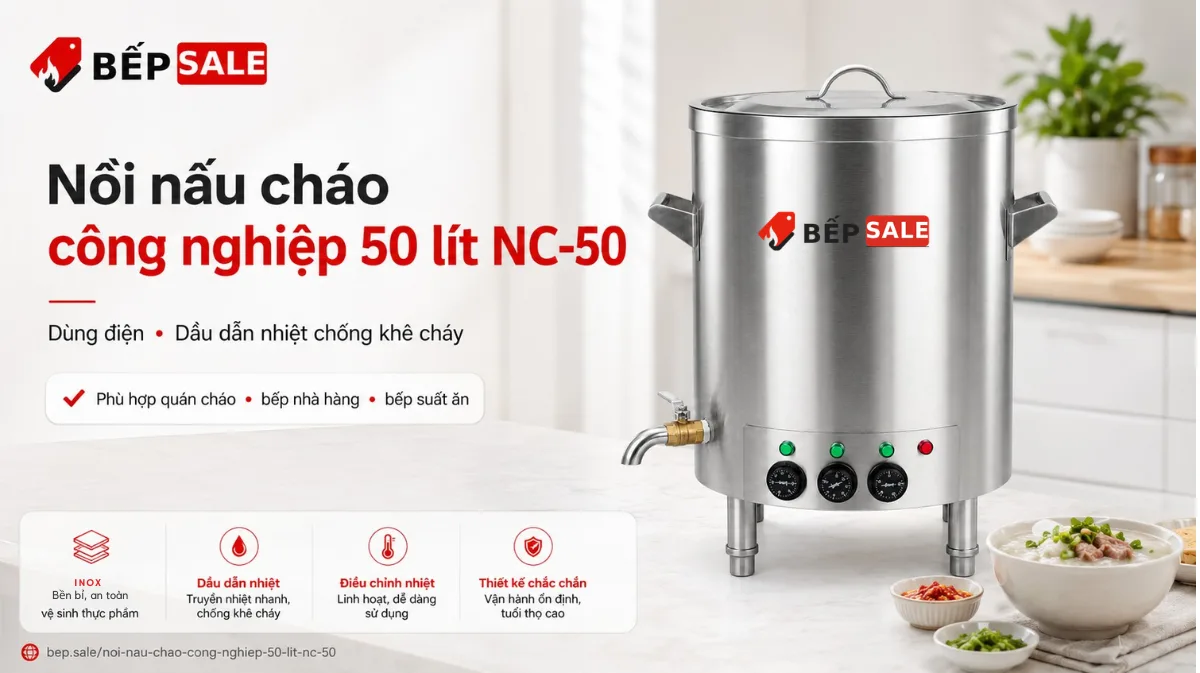 Nồi nấu cháo công nghiệp 50 lít NC-50 dùng điện và dầu dẫn nhiệt chống khê cháy