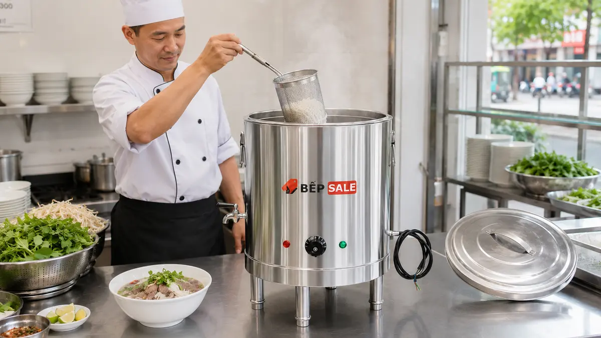 Nồi nấu phở 30 lít đang sử dụng Nồi nấu nước phở chần trụng bánh 30 lít NP-30 trong khu bếp sử dụng