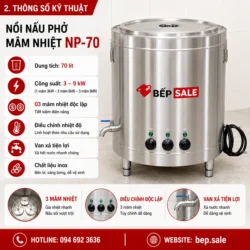 Thông số kỹ thuật nồi nấu phở mâm nhiệt NP-70 70 lít | Bếp Sale