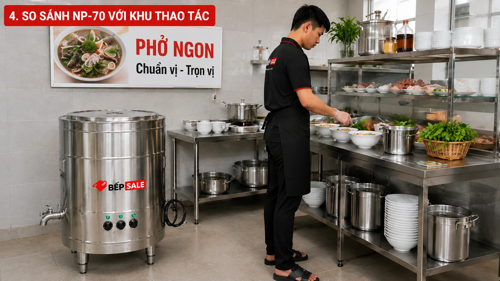 Nồi nấu phở mâm nhiệt NP-70 đặt cạnh người sử dụng để minh họa kích thước thực tế.