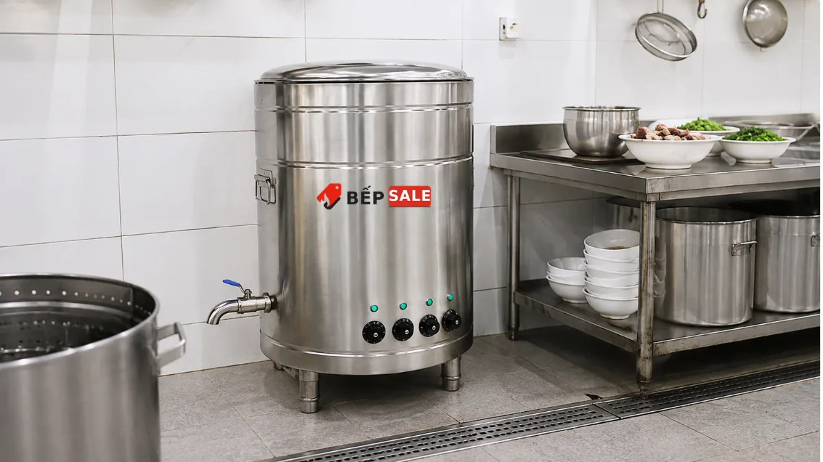 Nồi nấu phở mâm nhiệt 160 lít NP-160 đặt trong khu bếp nấu nước dùng