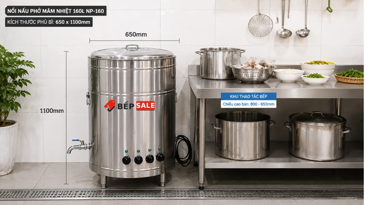 Nồi nấu phở mâm nhiệt 160 lít NP-160 đặt cạnh khu thao tác bếp inox chuyên nghiệp