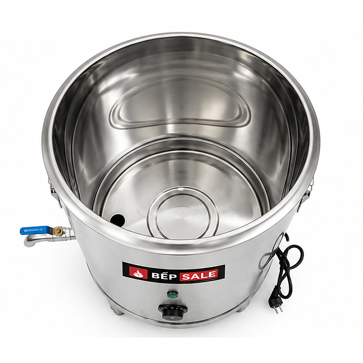 Lòng nồi nấu phở mâm nhiệt 50 lít NP-50 inox sáng bóng, có van xả đáy