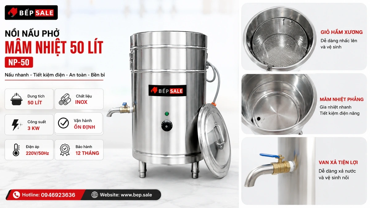 Nồi nấu phở mâm nhiệt 50 lít NP-50 bằng inox, kèm giỏ hầm xương và van xả