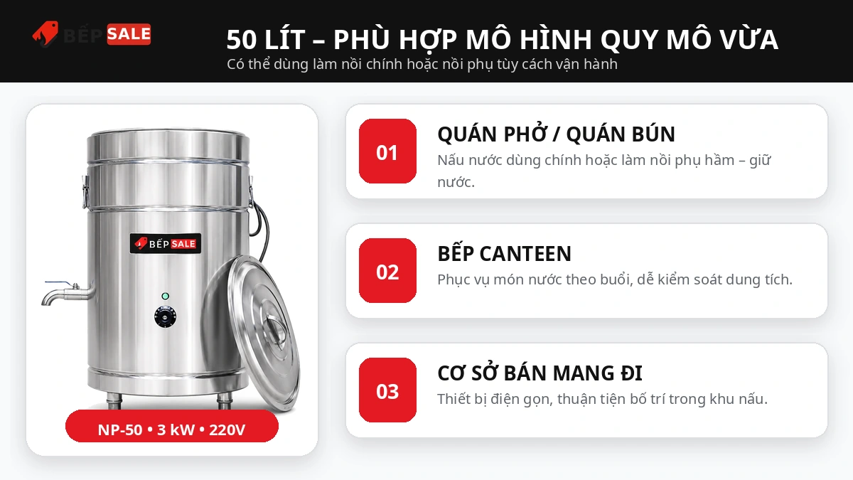 Nồi nấu phở mâm nhiệt 50 lít phù hợp cho quán phở, quán bún và bếp kinh doanh