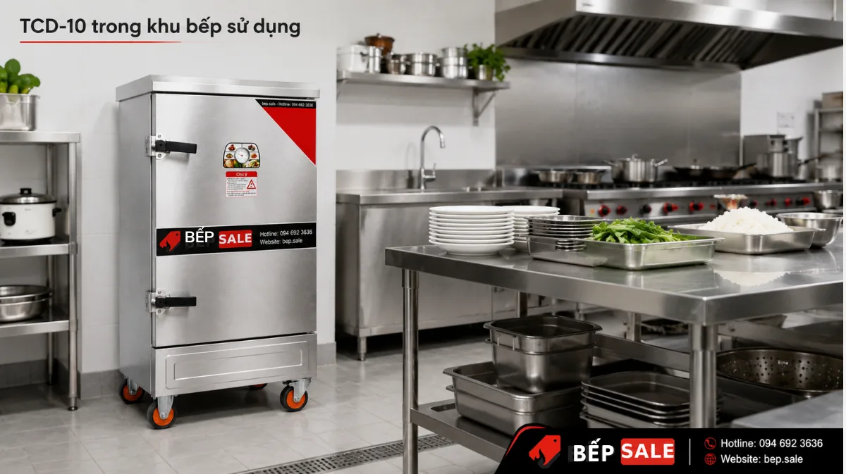 Tủ nấu cơm 10 khay TCD-10 trong khu bếp nhà hàng