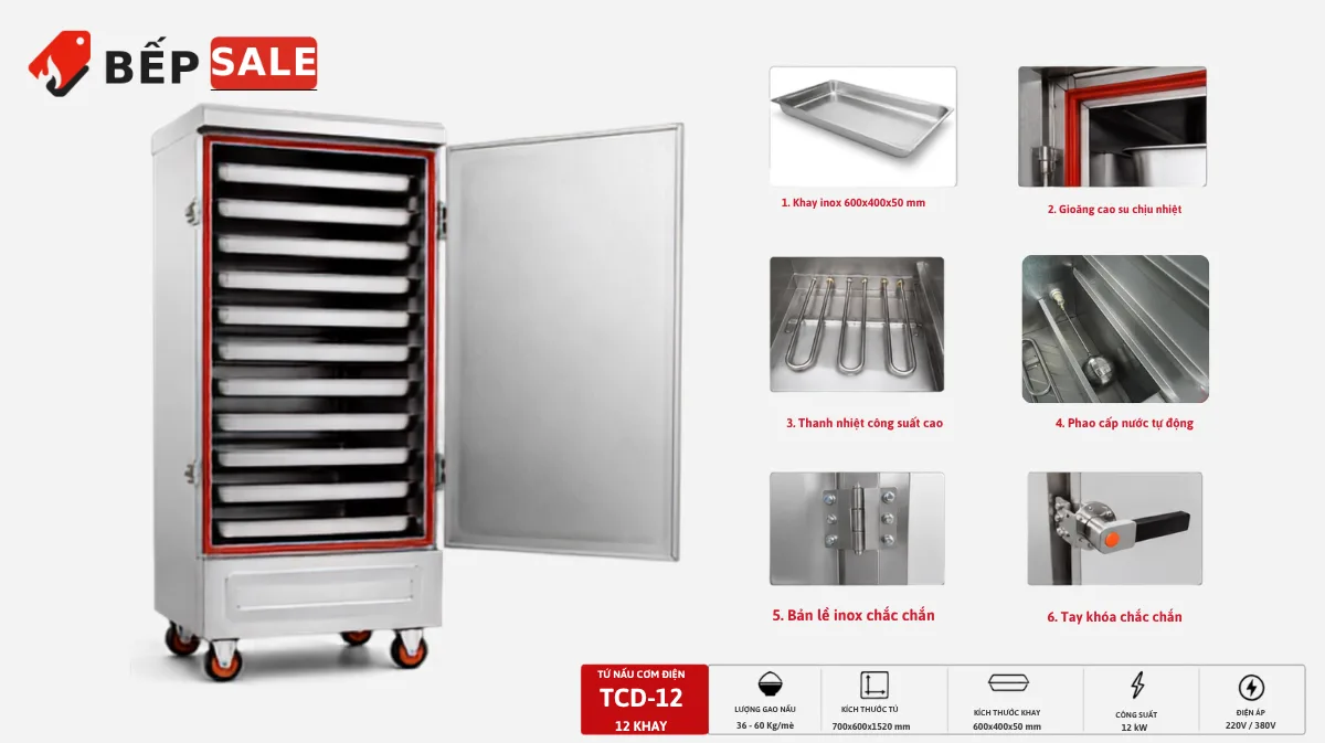 Chi tiết cấu tạo tủ nấu cơm 12 khay dùng điện TCD-12 BẾP SALE