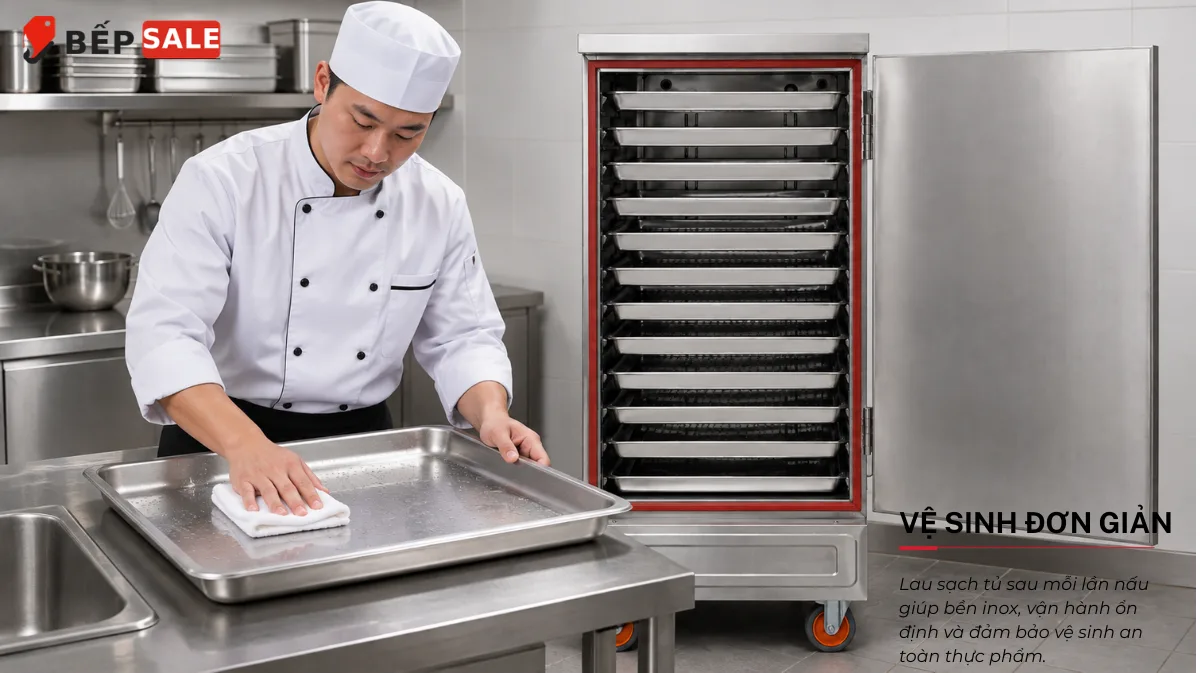 Vệ sinh khay tủ nấu cơm 12 khay TCD-12 sau khi sử dụng