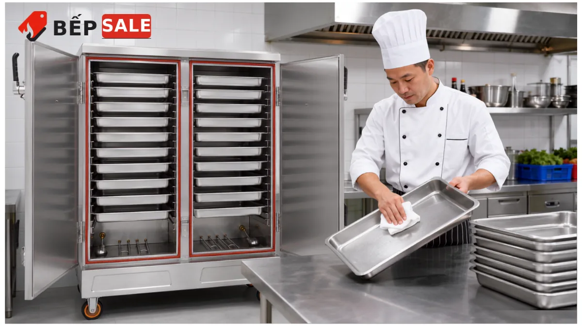 Hướng dẫn vệ sinh khay tủ nấu cơm công nghiệp TCD-24
