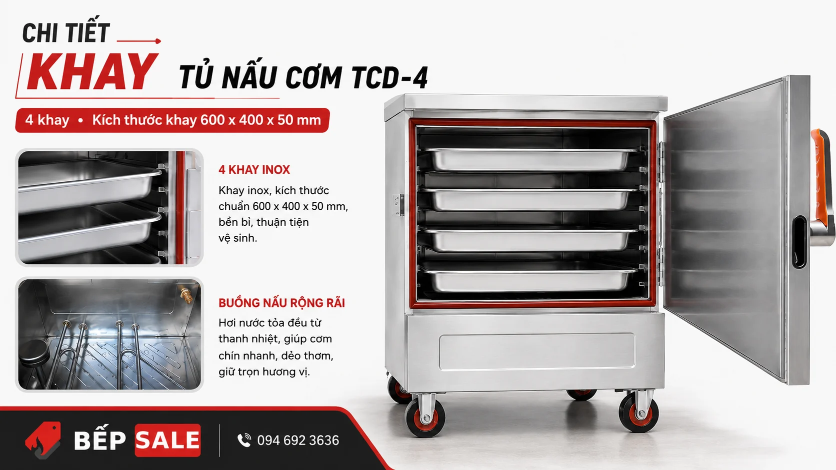 Chi tiết bốn khay của Tủ nấu cơm 4 khay dùng điện TCD-4