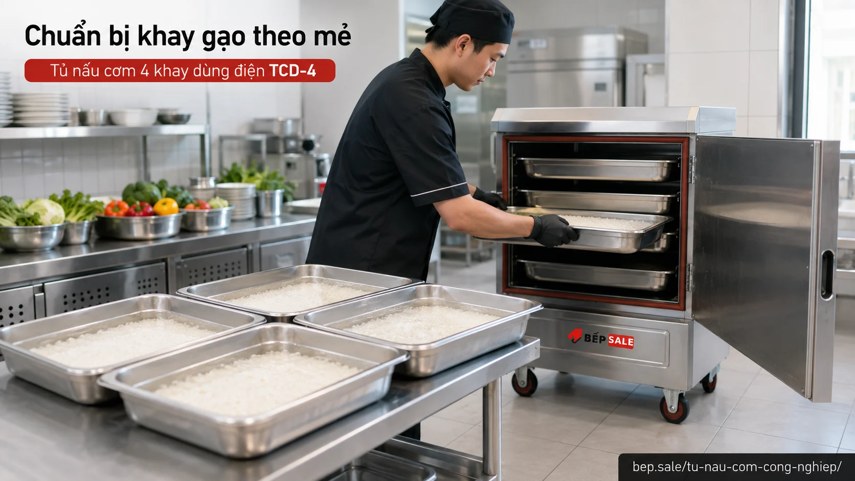 Chuẩn bị khay cơm cho Tủ nấu cơm 4 khay TCD-4 trong bếp