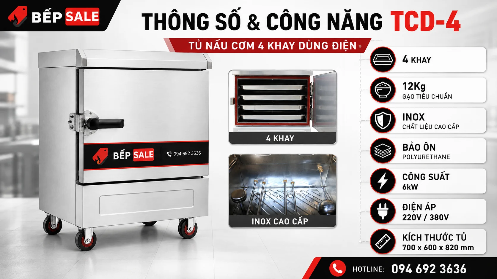 Tủ nấu cơm 4 khay điện, tủ hấp cơm 4 khay điện, thông số chi tiết tủ TCD4