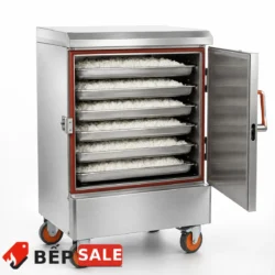 Tủ nấu cơm 6 khay dùng điện TCD-6 mở cửa với 6 khay cơm bên trong