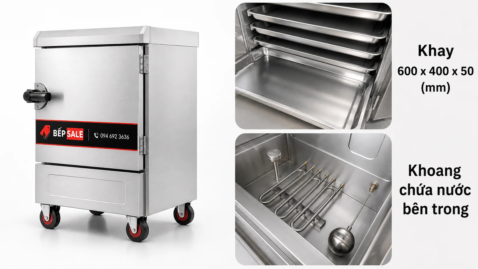 Chi tiết khay 600 x 400 x 50 mm và khoang chứa nước của Tủ nấu cơm 6 khay TCD-6