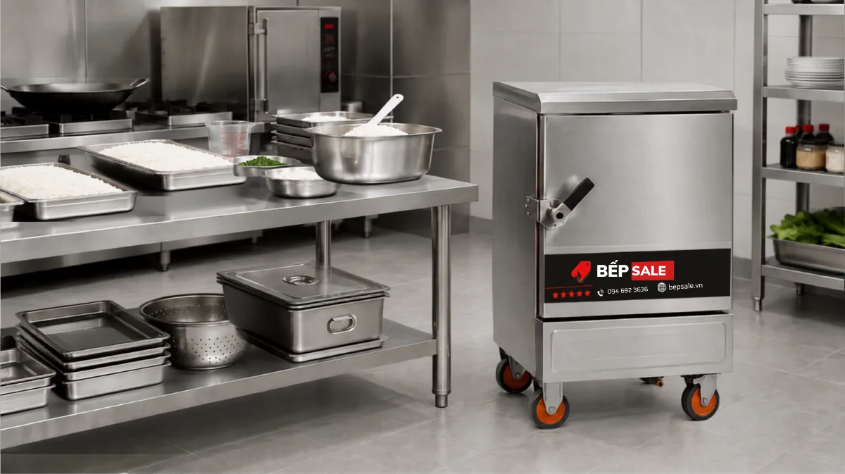 Tủ nấu cơm 6 khay TCD-6 đặt cạnh khu chuẩn bị gạo và khay trong bếp