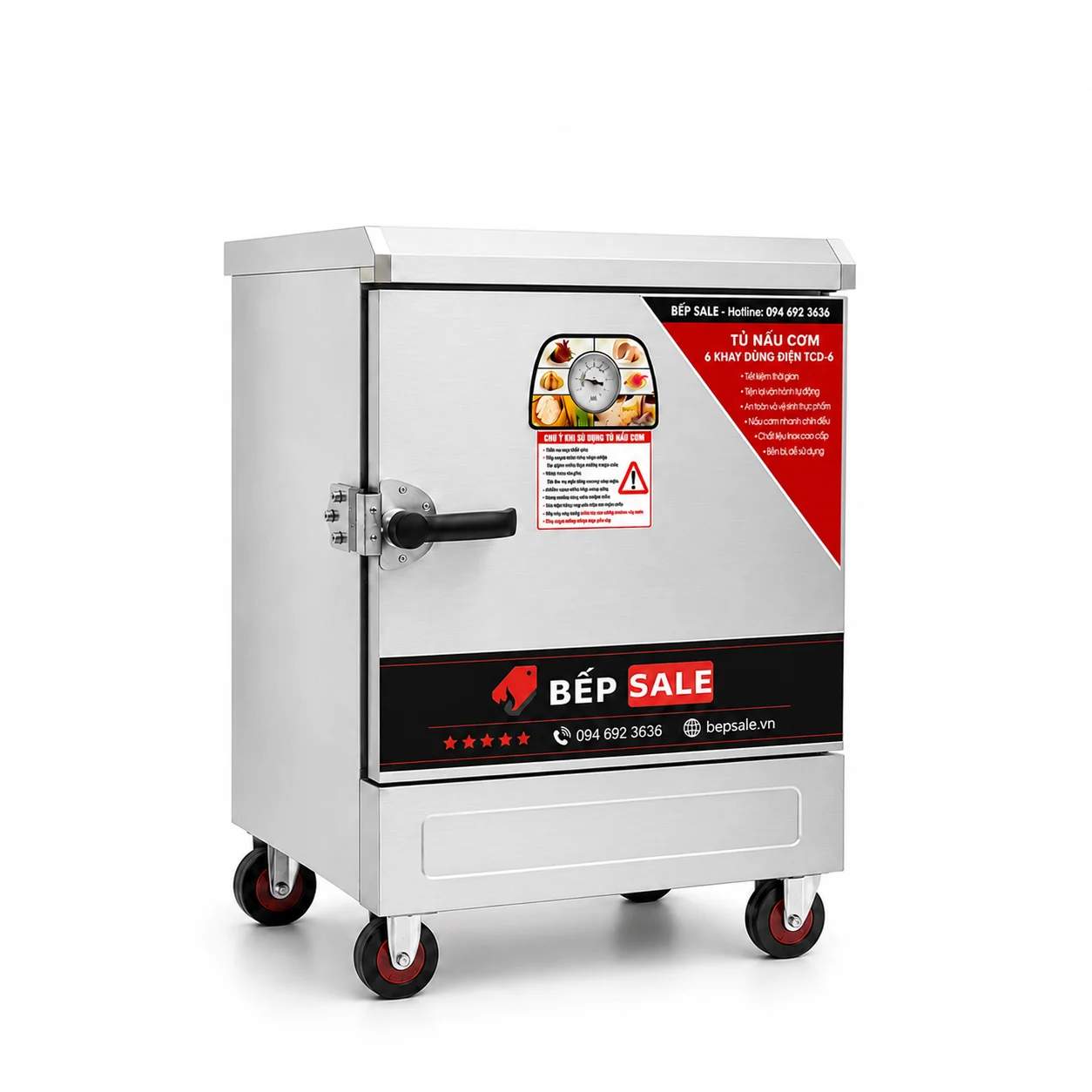Tủ nấu cơm 6 khay dùng điện TCD-6 BẾP SALE trên nền trắng