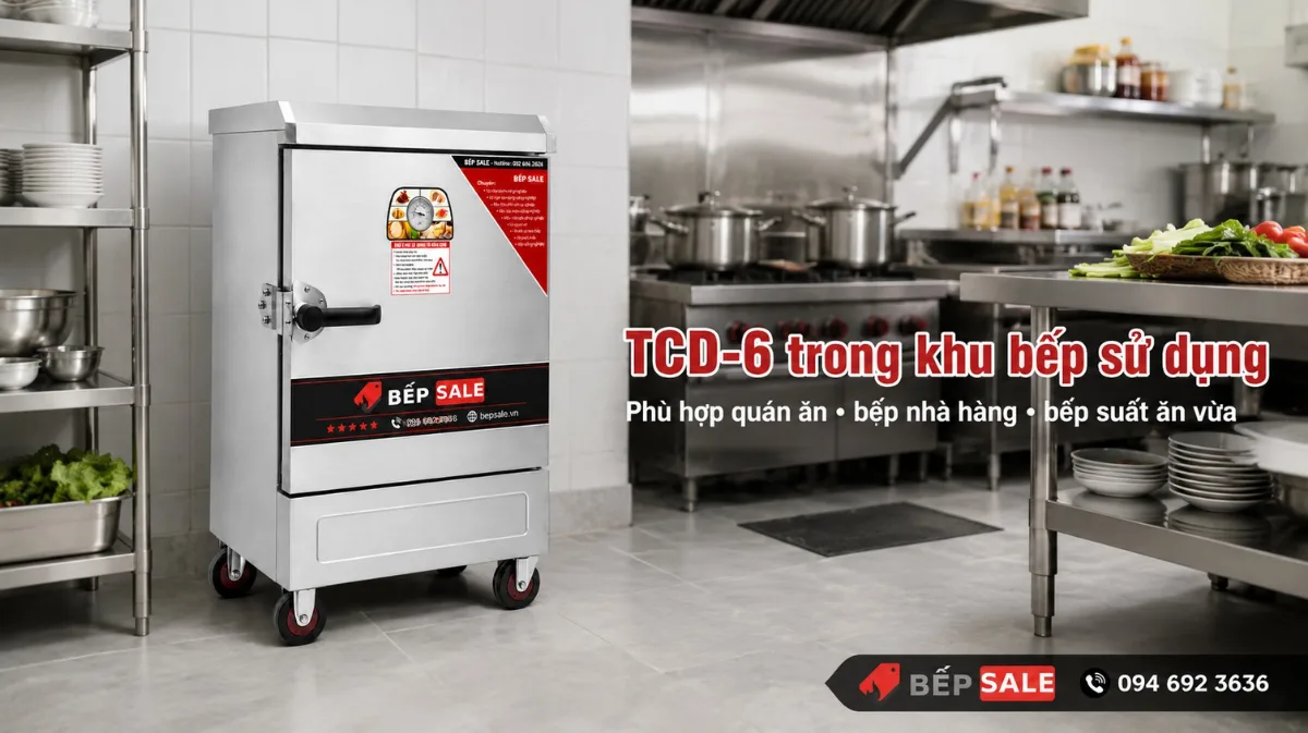 Tủ nấu cơm 6 khay TCD-6 trong khu bếp nhà hàng