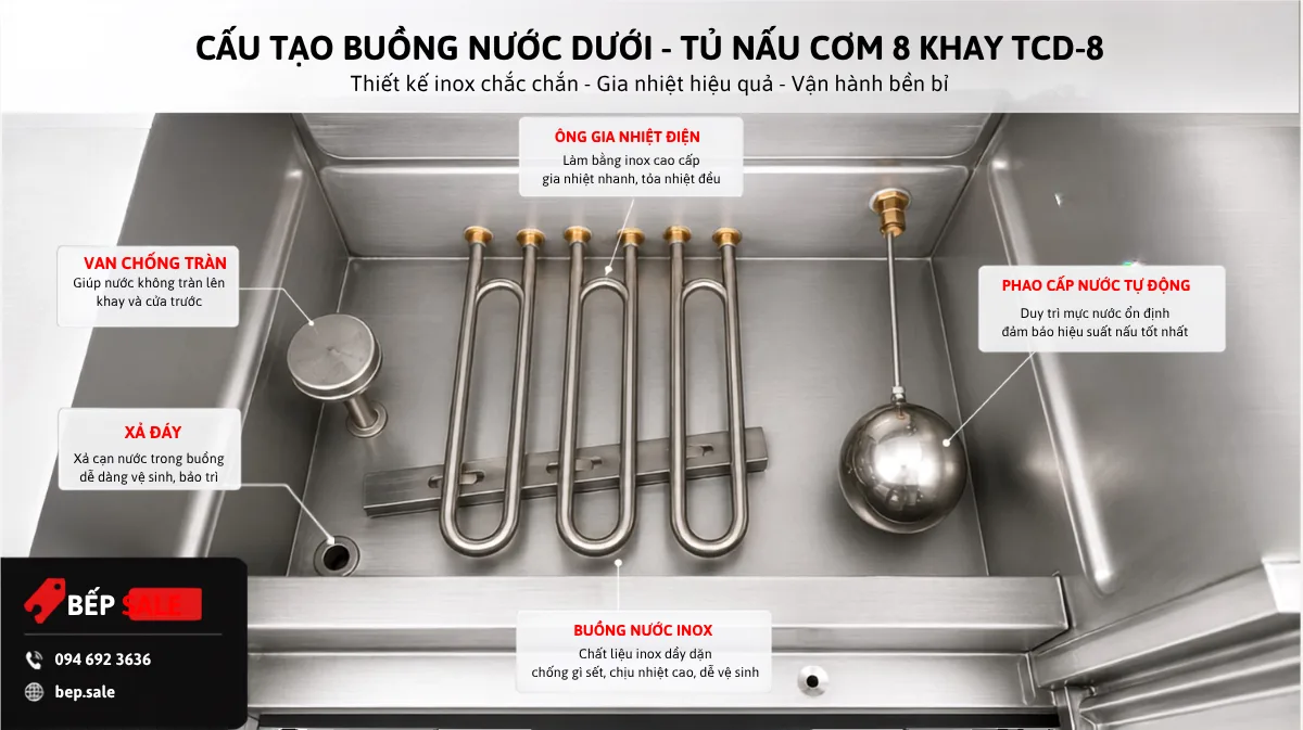 Cấu tạo buồng nước và hệ thống gia nhiệt Tủ nấu cơm 8 khay TCD-8