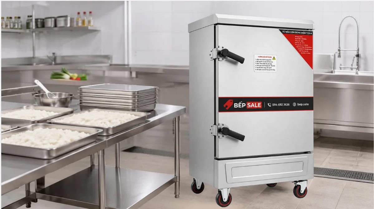 Tủ nấu cơm 8 khay TCD-8 cạnh khu chuẩn bị gạo và khay