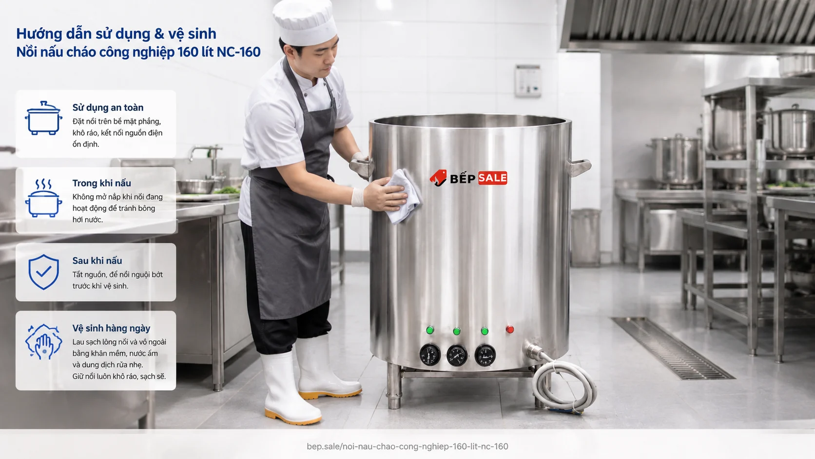 Hướng dẫn sử dụng và vệ sinh nồi nấu cháo công nghiệp 160 lít NC-160