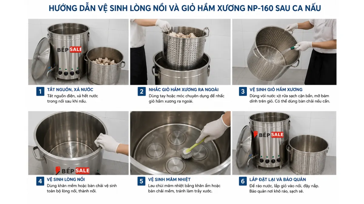 Hướng dẫn vệ sinh lòng nồi và giỏ hầm xương nồi nấu phở mâm nhiệt 160 lít NP-160